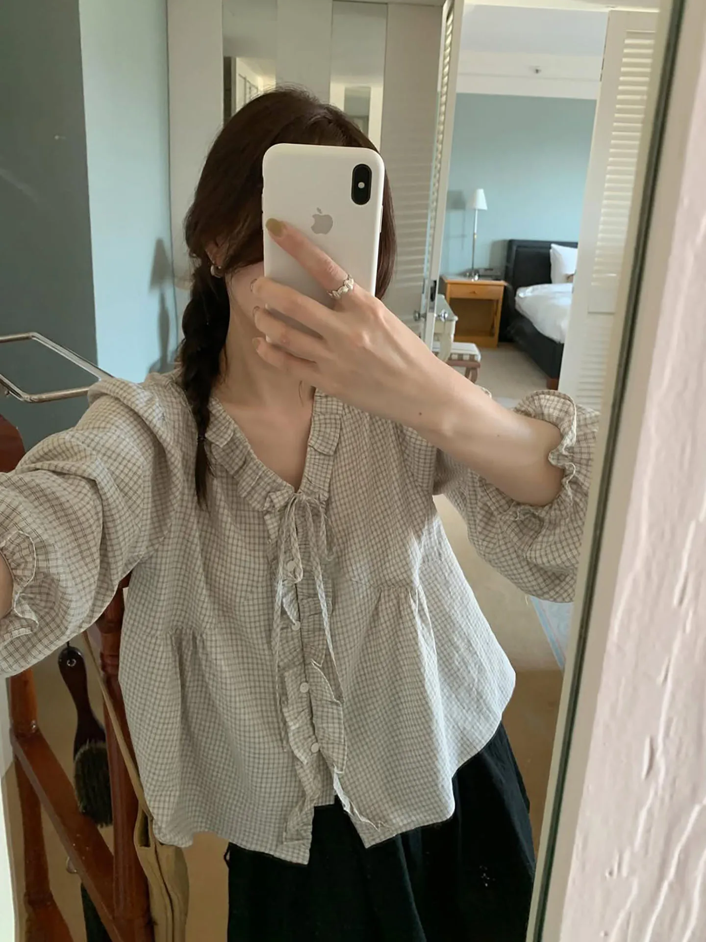 

Ele Plaid Long Sve Loose Women's irt Decorative Lace Design Versatile Straight Cut Cotton Blend Faionable Top