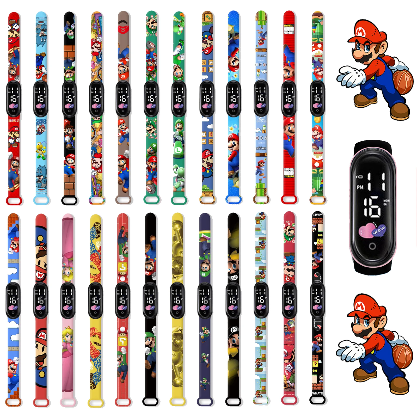 Mario Bros-relojes de figuras de acción para niños, pulsera deportiva, reloj Digital impermeable, Luigi, Princesa Peach, Yoshi, Bowser