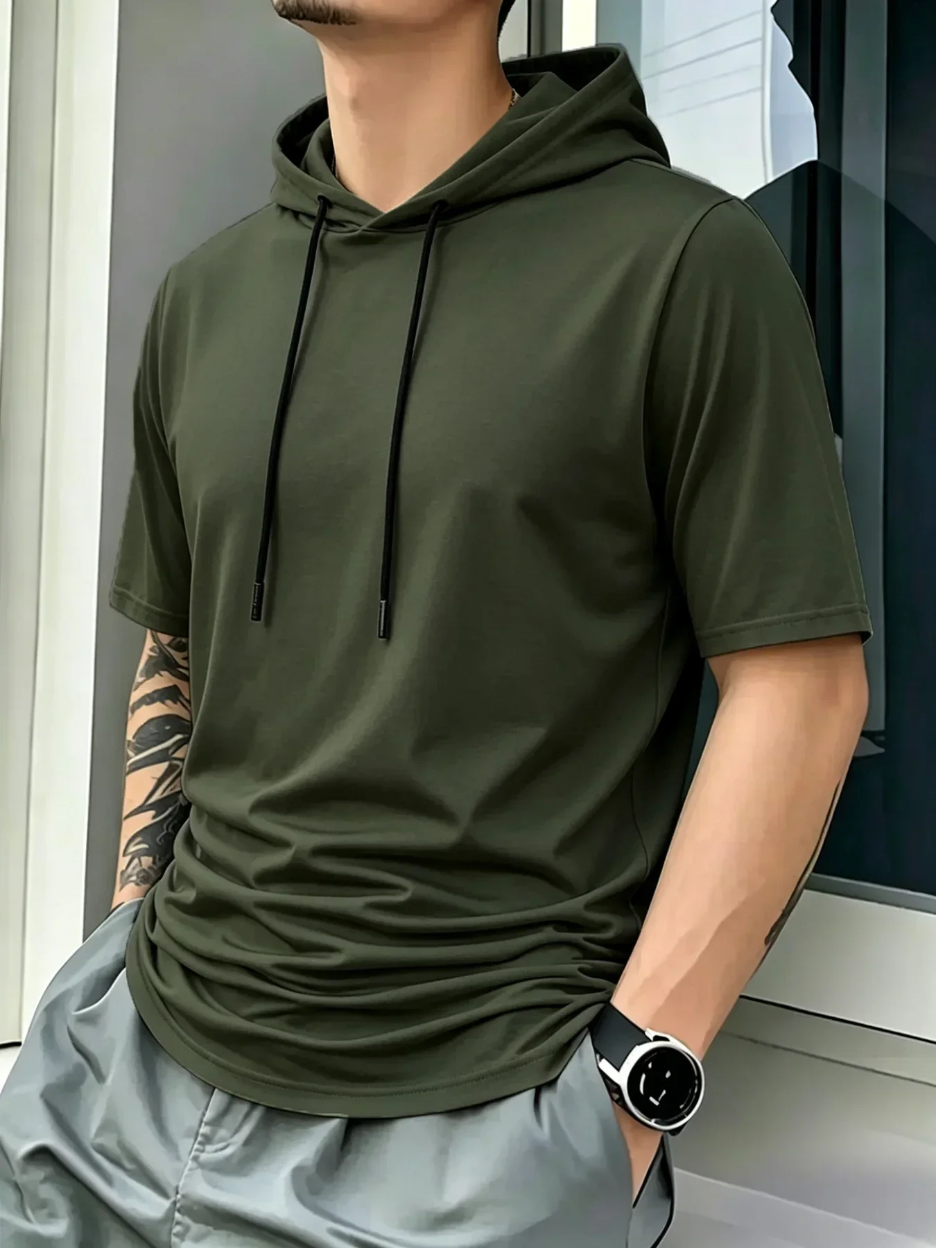 Herren-T-Shirt mit kurzen Ärmeln und Kapuze, atmungsaktiv, schnell trocknend, Anti-Pilling-Kapuze mit Kordelzug, lässiger Slim-Fit-Streetwear-Sportpullover – Detail 11