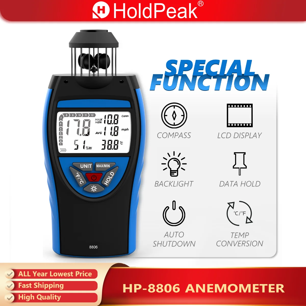 Anemometer Wind Cup Style ,0-30m/s AVG,6 Unit with Compass ,Wind Direction Measurement Backlight LCD Display Air Flow Meters