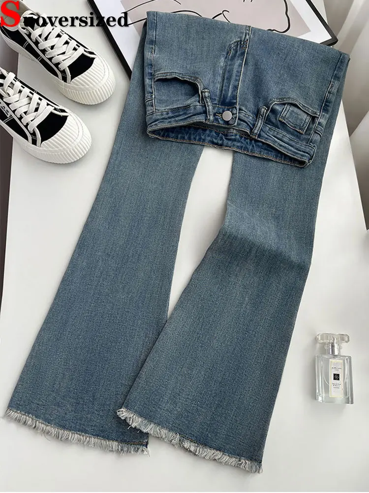 

Korean Tassels Flared Jeans Women High Waist Vintage Skinny Vaqueros Stretch Denim Pants Spring Summer Chic Bell-bottom Spodnie