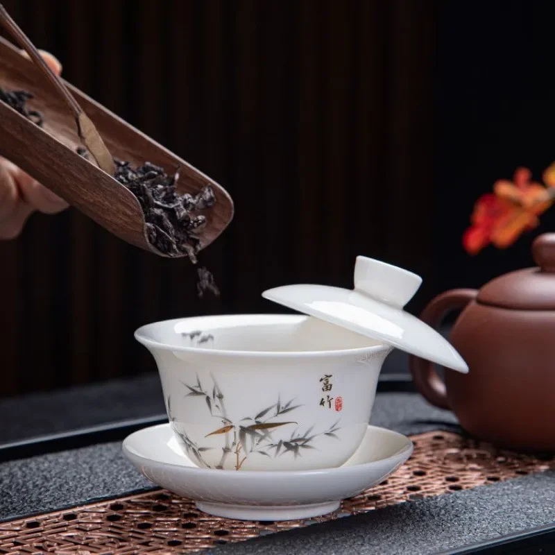 Suet Jade Sancai Cover Bowl Hover Tea Bowl Anti-Scalding Tea Set Hover Cover Bowl Can Be Rotated With Cover A Complete Set