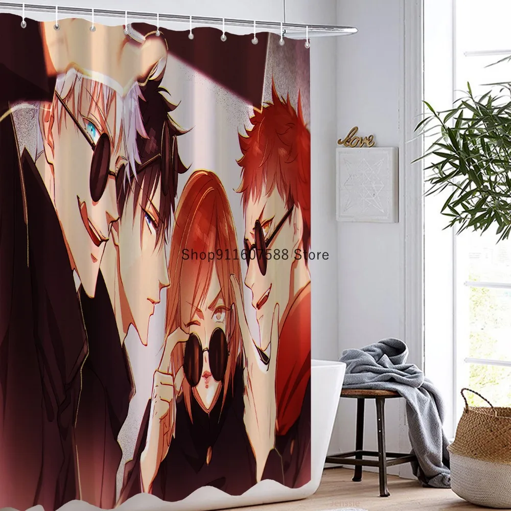 Anime Jujutsu Kaisen Shower Curtain Set Waterproof Washable Polyester Bath Curtain With 12 Hooks 180x180cm Size Decor Hoem Gift