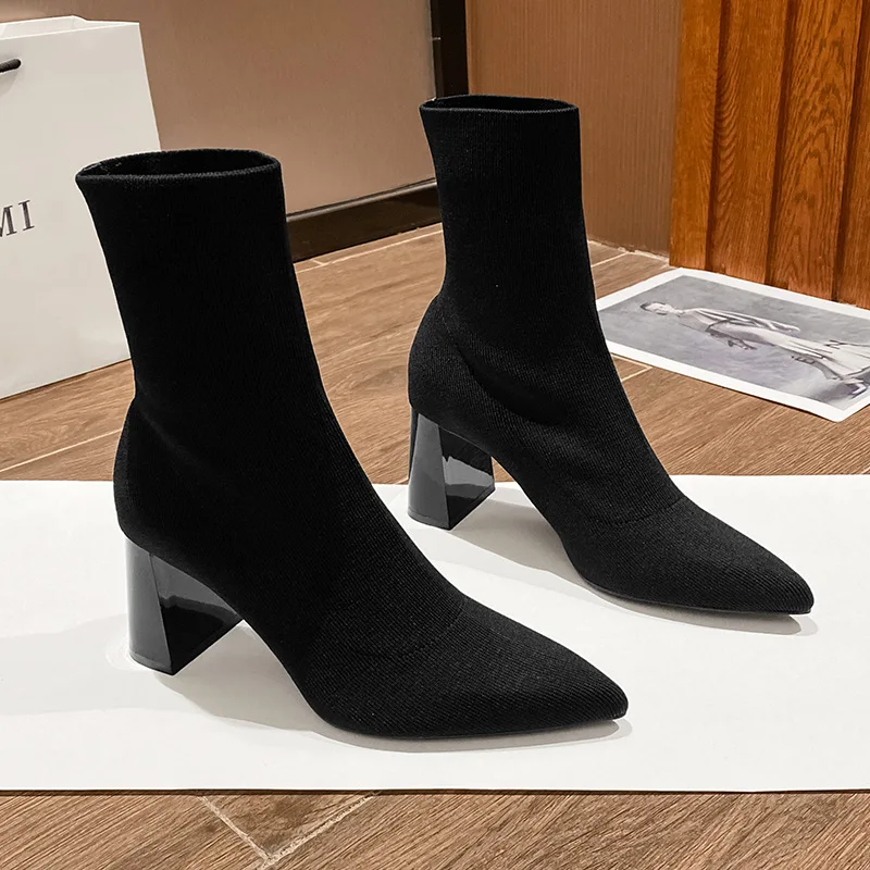 Boots Socks Heels  Winter Shoes For Women Boots-Women Stockings 2024 Autumn Rubber Pointy High Heel Ankle Ladies Lace-Up Pointed