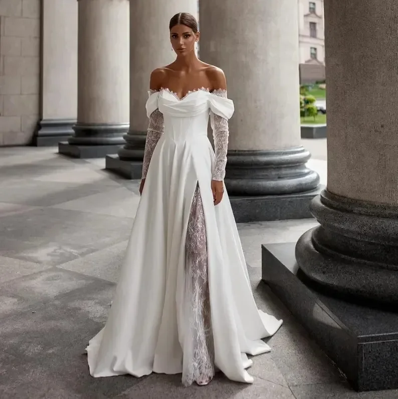 

Свадебное платье принцессы А-силуэта 2026 с открытыми плечами, длинными рукавами, вырезом «сердечко», кружевными аппликациями, в стиле бохо, пляжное, из шифона, для невесты