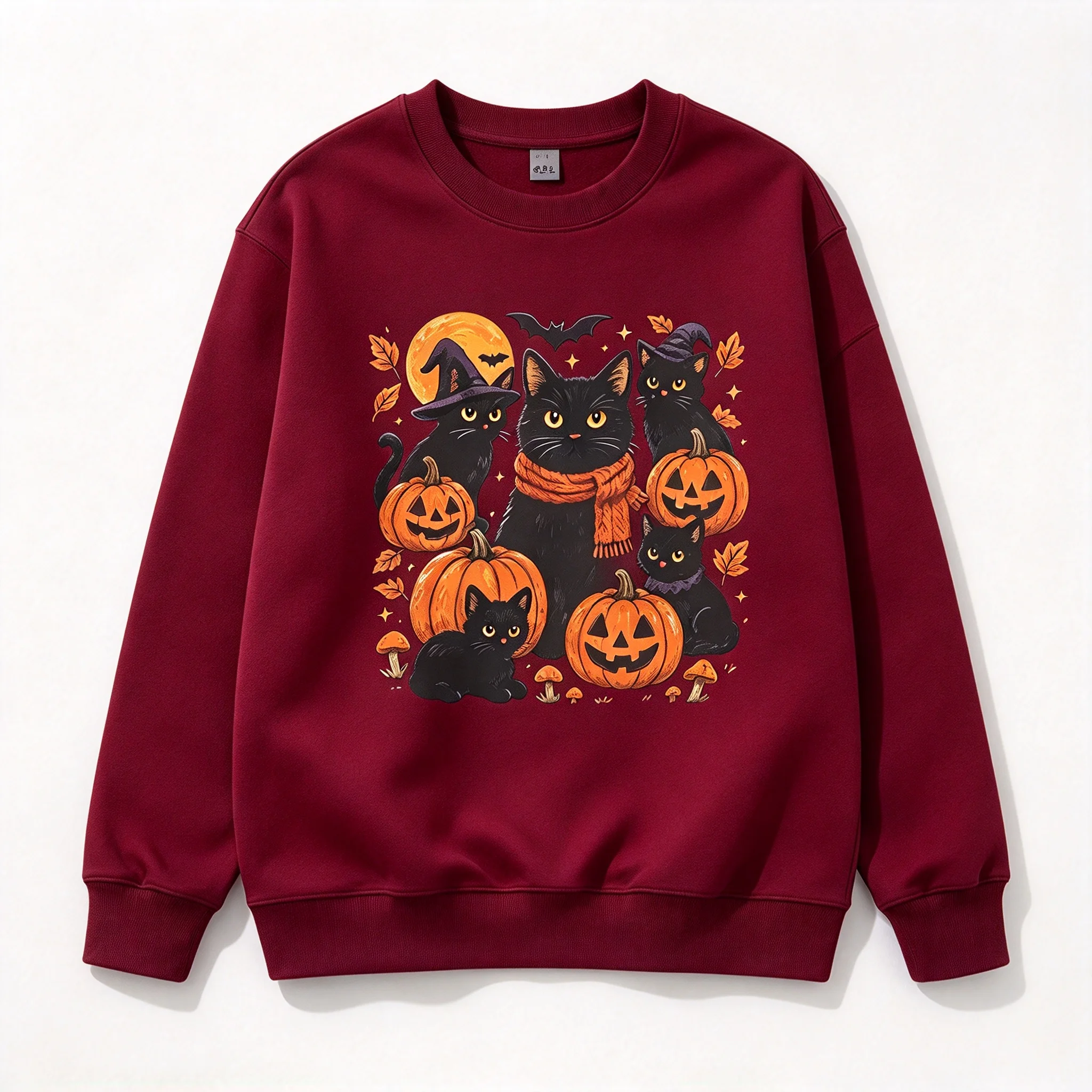 2026 Unisex Crew Neck Sweatshirt, Halloween Black Cat Print, Soft Long Sleeve Casual Top, Daily Streetwear Winter Outfit