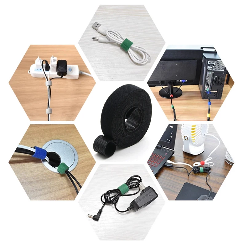5m/Roll Black Reusable Self Adhesive Cable Ties Loop Bundle Nylon Strap Organizer Clip Wire Holder Management Fastening Tape DIY
