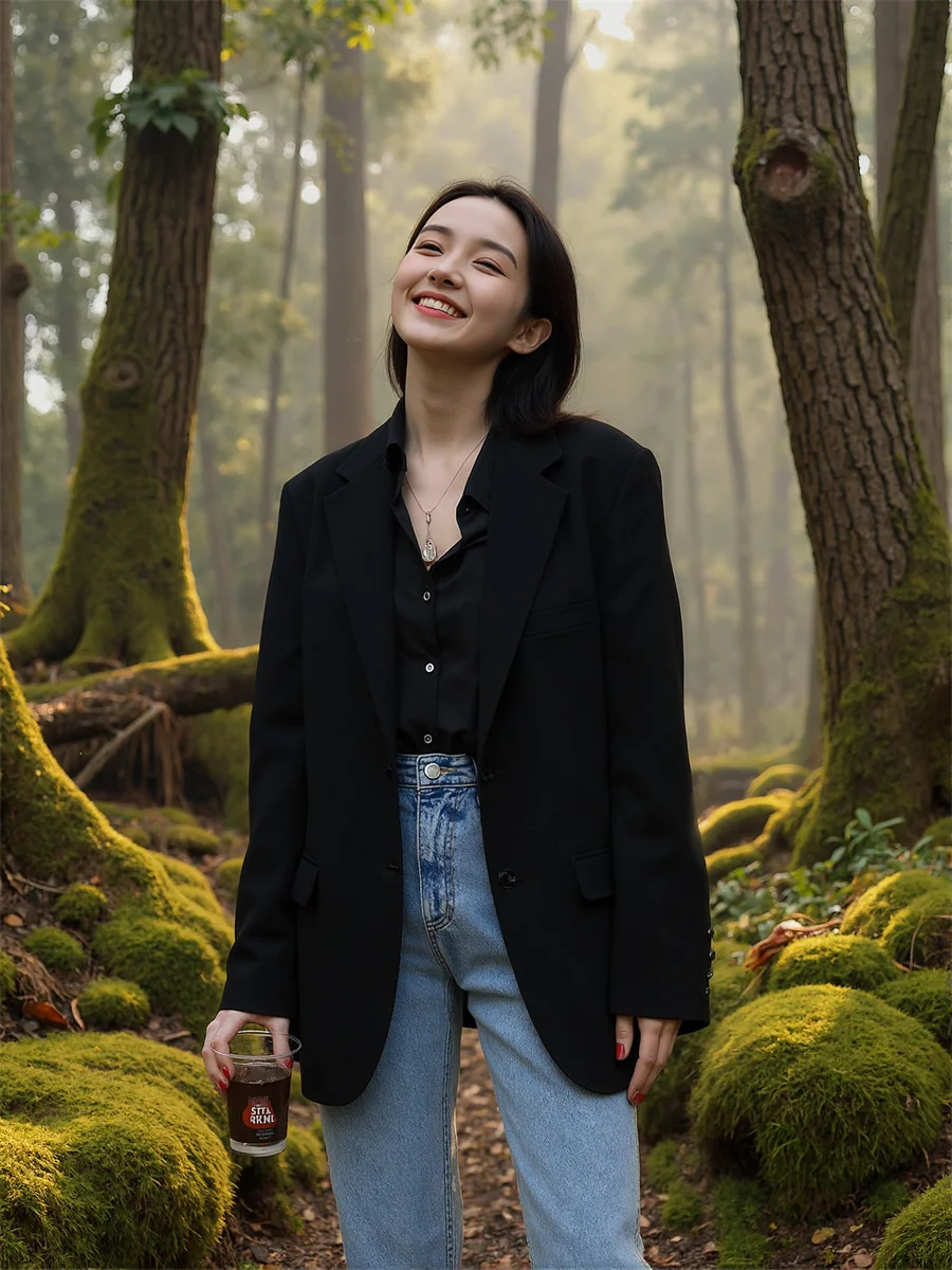 

Blazer Women'S Coats Black White Pocket Shoulder-Pad Comfort Self Cultivation Korean Fashion Elegant Solid Color Notched Collar