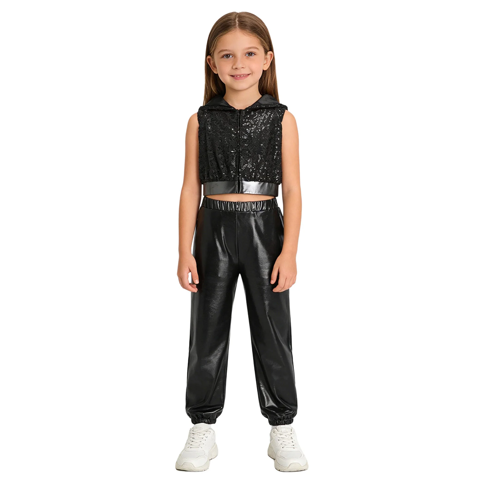 

2Pcs/Set Kids Girls Hip-Hop Jazz Dance Costumes Shiny Sequins Sleeveless Backless Zipper Hooded Crop Top+Metallic Pants Outfit