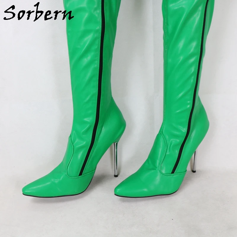 حذاء طويل Sorbern-Green غير لامع ، سحاب مزدوج الجانب ، كعب عالي ، كروسدرسر ، صنم فوق الركبة الحذاء ، مخصص واسع أو نحيف الساق