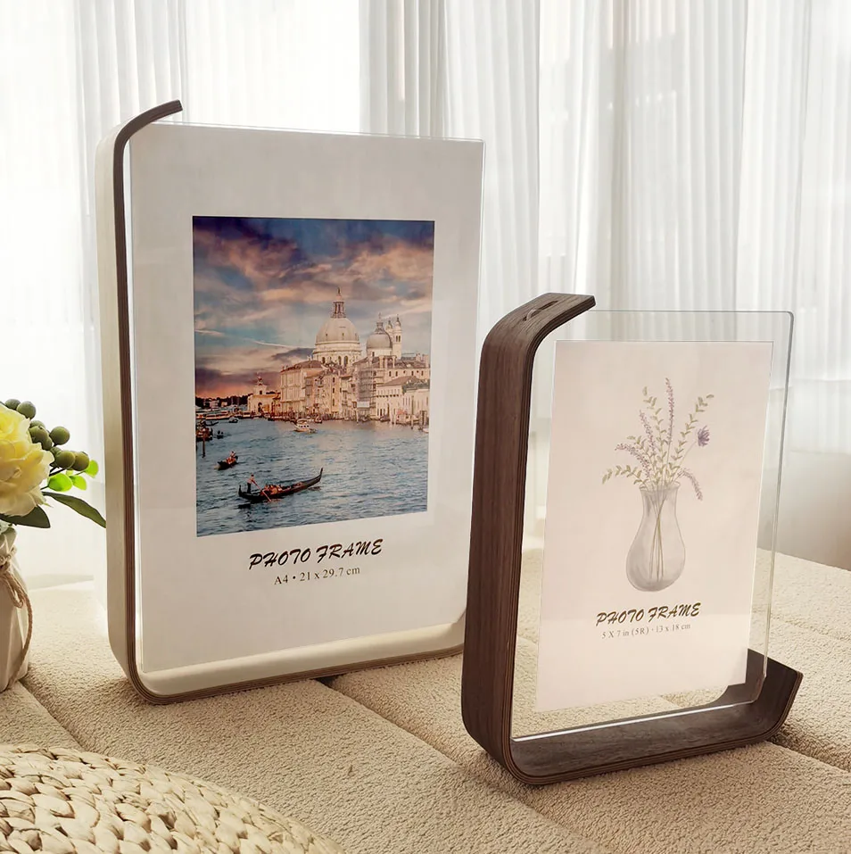 Transparent Double-Sided Acrylic Photo Frame, Stand, Personalized Photo Frame, Multi Size Solid Wood Photo Ornament