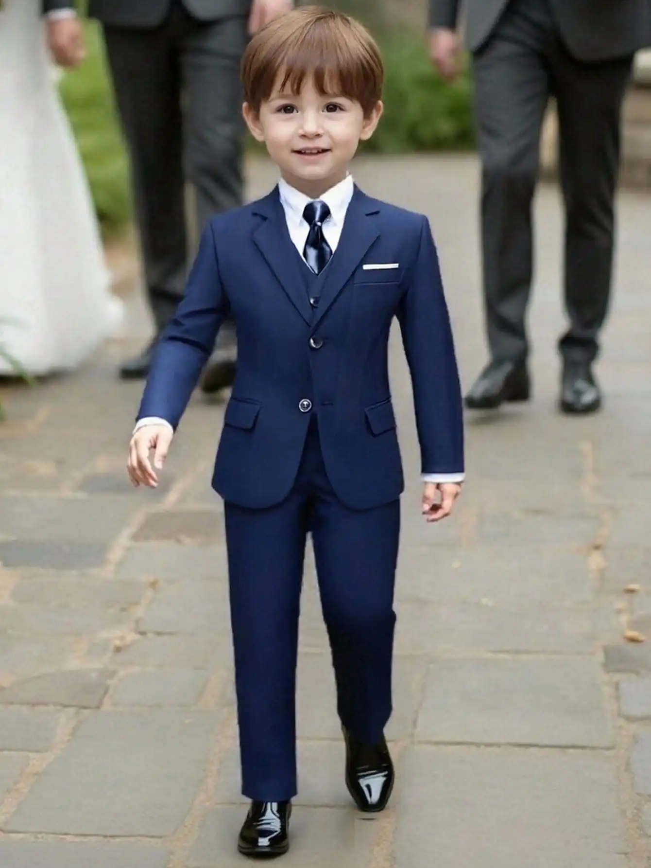 

5-Piece Navy Blue Formal Suit Set for Boys, Includes Jacket Vest Pants Shirt Tie, Ages 3-10