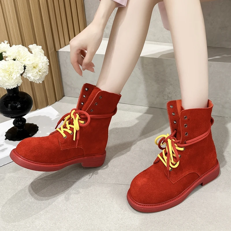 

Women's Boots High Quality Suede Leather Casual Short Boots Fashion Women's Motorcycle Boot Lace-up Ankle Boots for Women Botas
