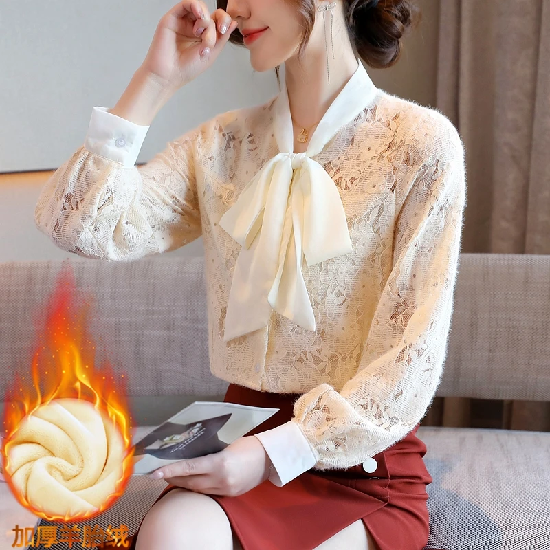 Winter New Korean Style Style Bow Tie Lantern Sleeves with Plush and Thick Lace Bottom Top Small Shirt Long sleeved T-shirt