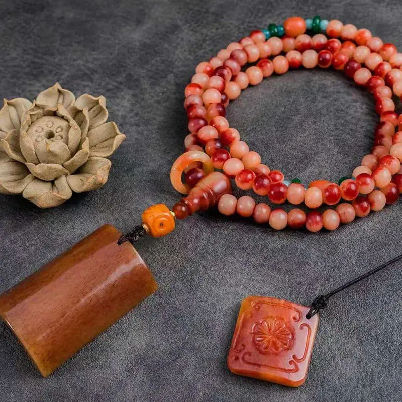 High-Density Blood-Colored Camel Long String Of 108 Buddhist Beads, Vintage -Carved Pendant, Multi-Strand Bone Prayer B