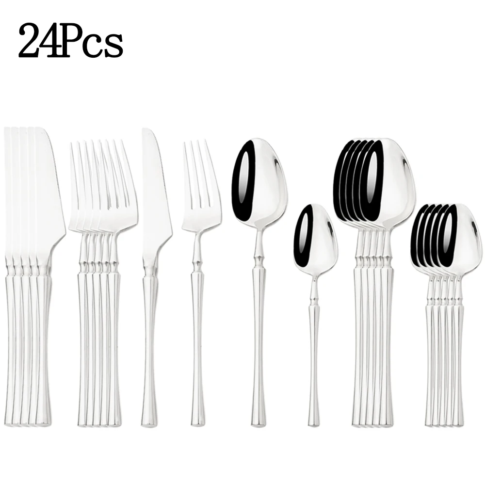 AJOYOUS 24Pcs Faltware Sets Luxury Stainless Steel Cutlery Knives Forks Teaspoons Tableware Kitchen Flatware Mirror Tablespoons