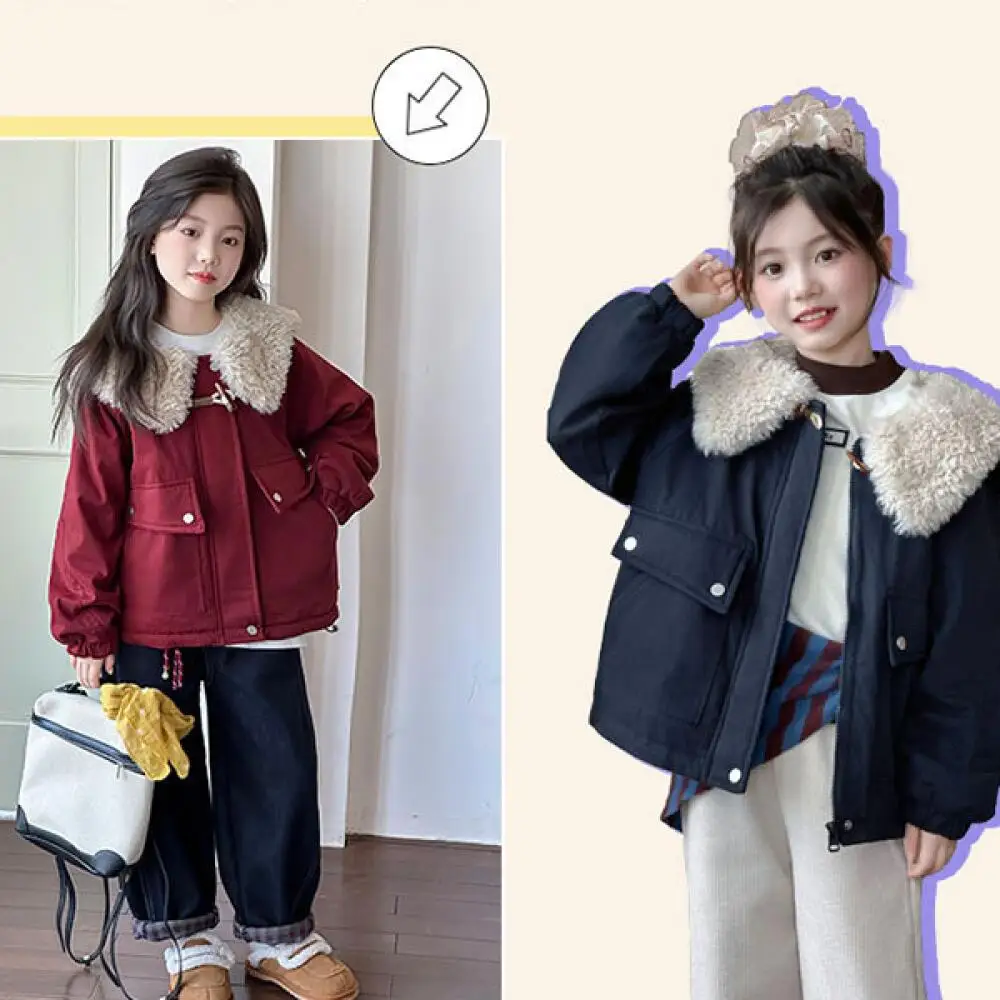 

Kawaii Girl Fashion Keep Warm Fur Collar Coat Cotton-Padded Jacket Student Autumn Winter Casual Thicken Tops Children's Clothing