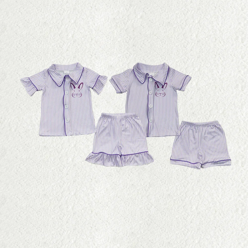 

BSSO0105 Wholesale baby boy clothes Easter bunny purple striped short-sleeved shorts sets Summer Boutique kids clothes girl sets