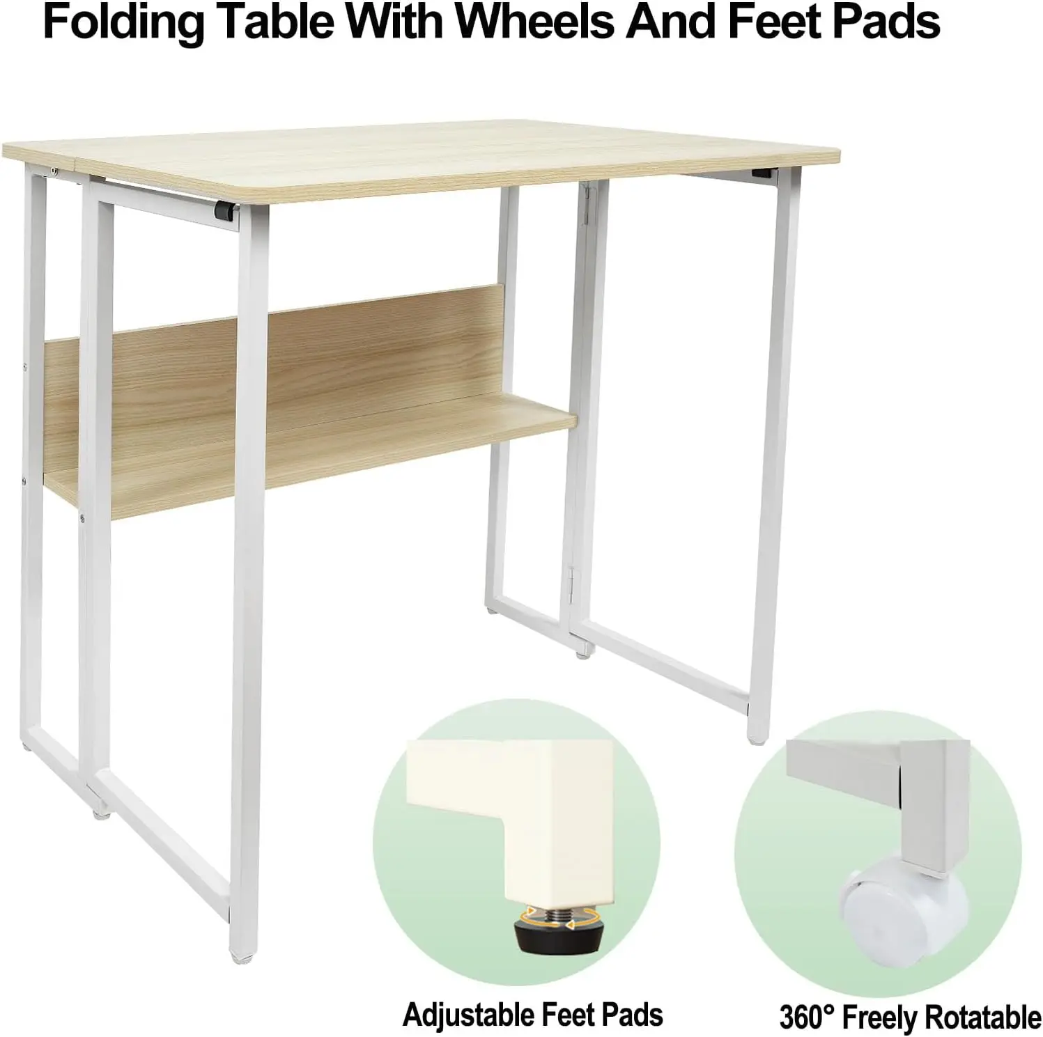 32'' Mobile Foldable Desk W/ 6 Wheels,Portable Rolling Small Computer Desk W/Storage Shelves,Folding Table For Small