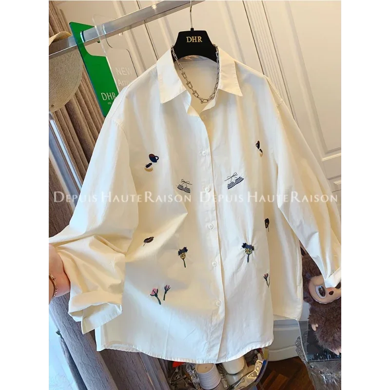 

Loose and Versatile Splicing POLO Collar Button Fashion Long-sleeved Top Embroidered Long-sleeved Shirt for Women in Autumn