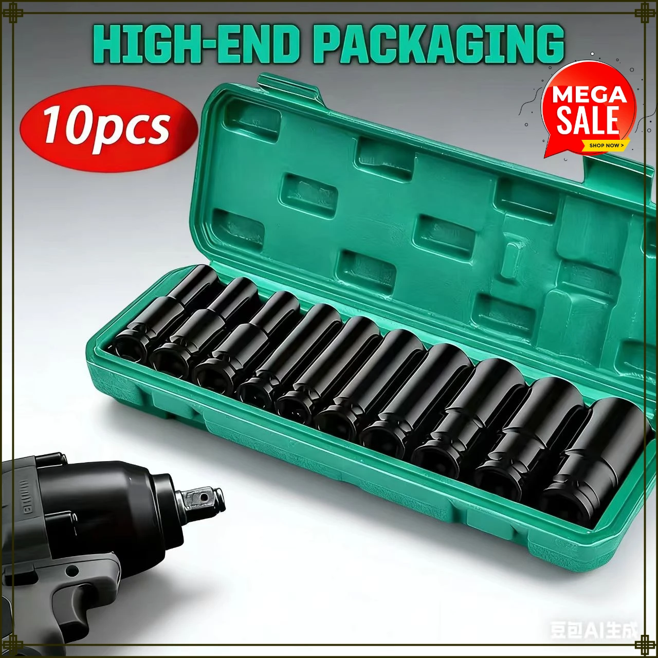 10 PCS Professional Automotive Tool Set: 1/2-Inch Drive Metric Impact Socket Set – Universal Socket Pneumatic Repair Tool Wrench