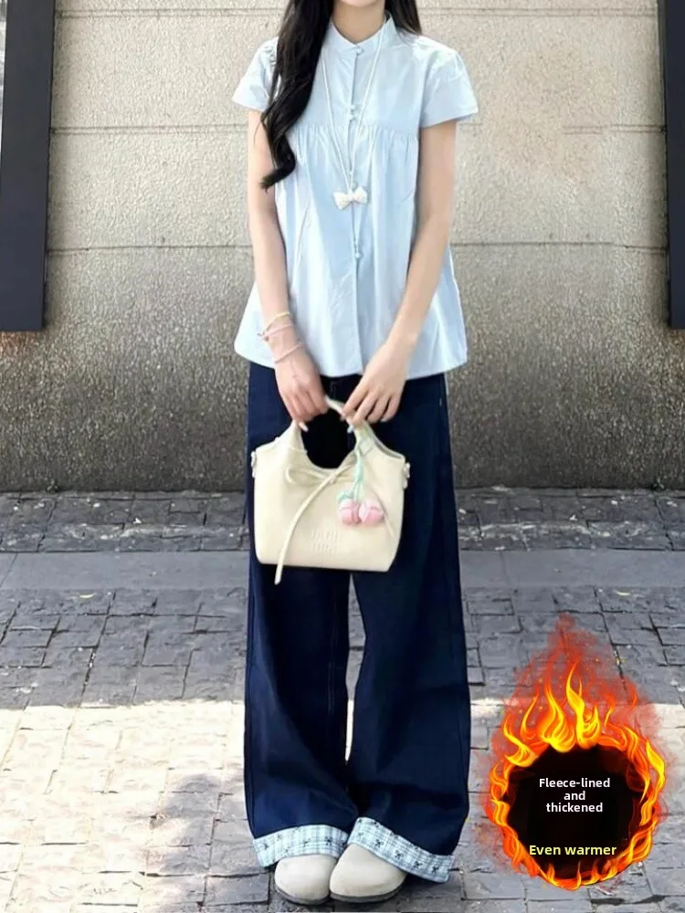 

Retro American Deep Blue Fleece Lined Straight Leg Jeans Women's Autumn Winter plus Size Loose Slim Wide Leg Pants