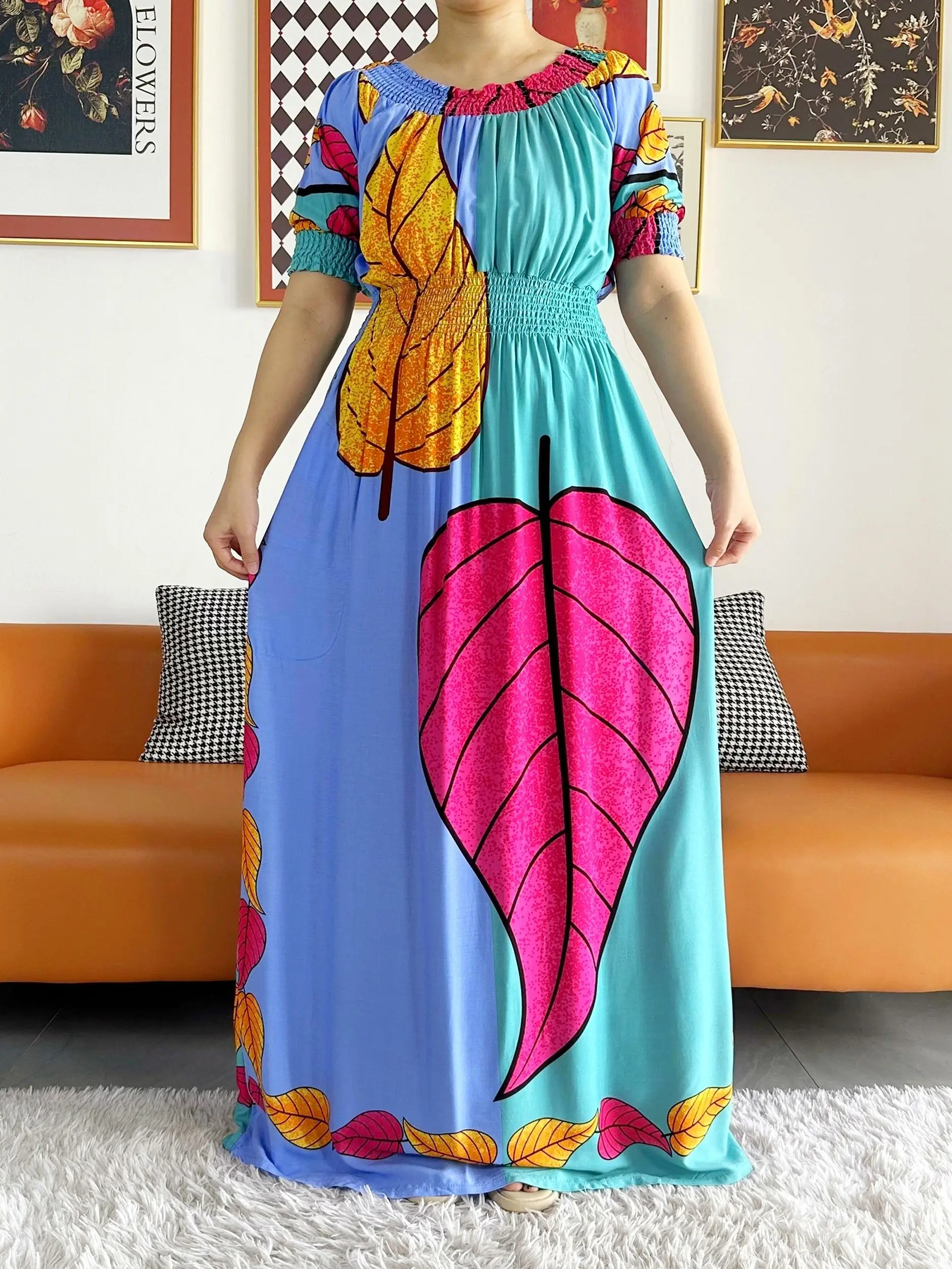 2023 Party Dress Muslim Women Summer Short Sleeve Dress Collect Waist Floral Boubou Maxi Islam Women Dress African Abaya Clothes