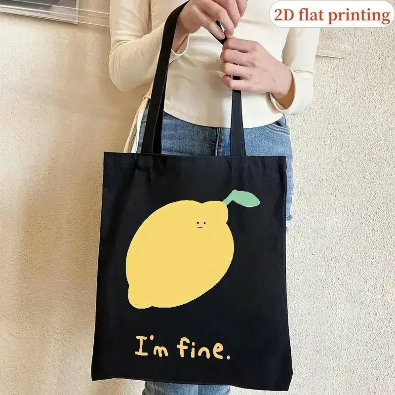 حقيبة كتف قماشية مطبوعة بالليمون الأصفر على طراز هاراجوكو حقيبة كتف مفردة للطلاب حقيبة تسوق كاجوال #5