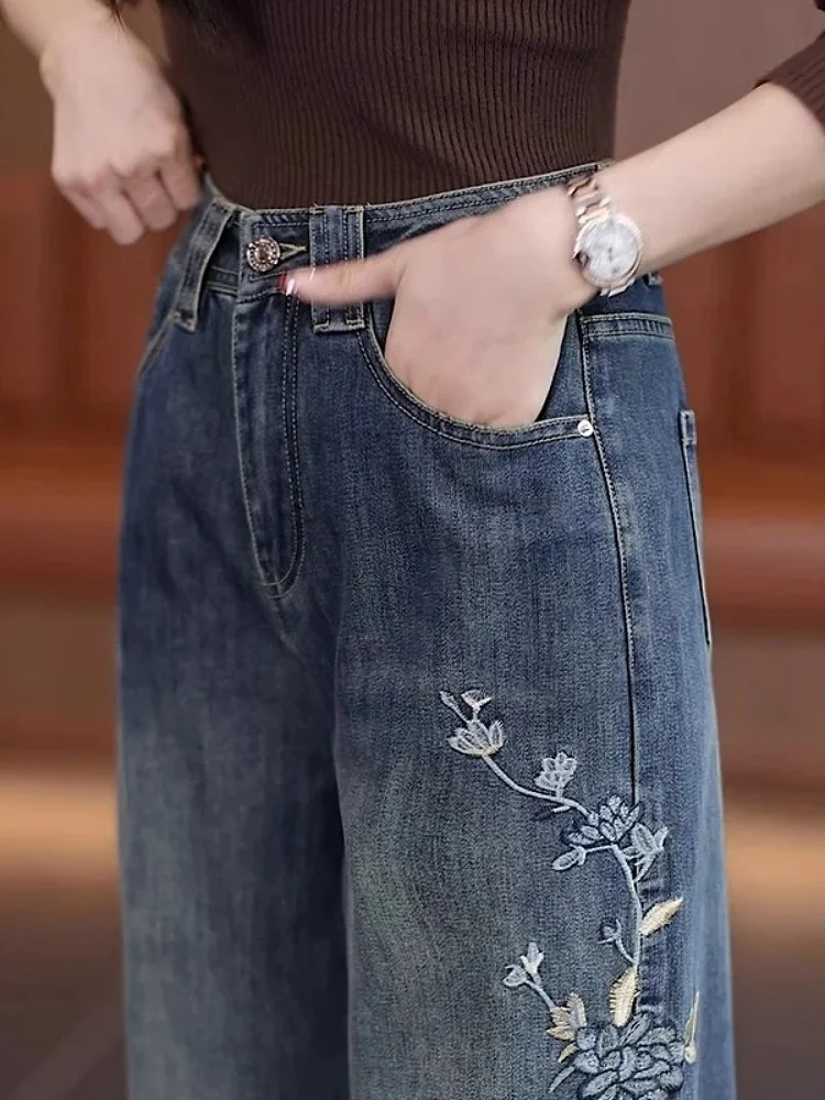 Schwere Stickerei Breite Bein Denim Jeans frauen Hohe Taille Lose Abnehmen Hosen Bodenlangen Faionable Neue Herbst Sle