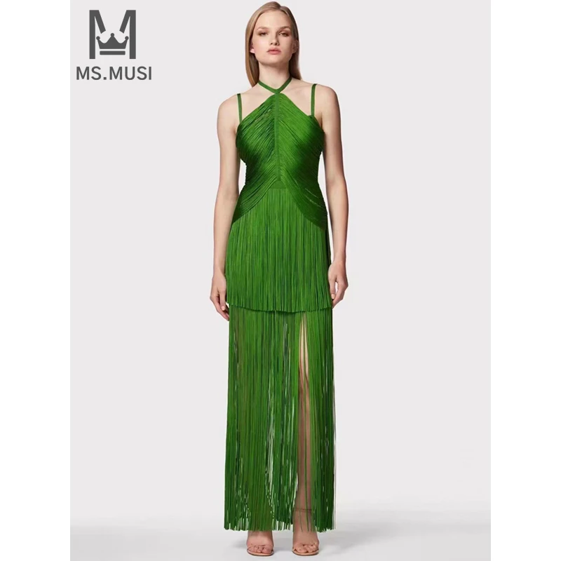 MSMUSI 2024 New Fashion Women Sexy Strap Halter Tassels Sleeveless Bandage Bodycon Party Club Event Slim Maxi Dress Long Gown