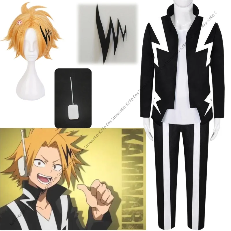 Anime My Hero Academia Cosplay Costume Kaminari Denki Short Wigs Hairpin Black Uniform Suit Halloween Christmas Party Outfit