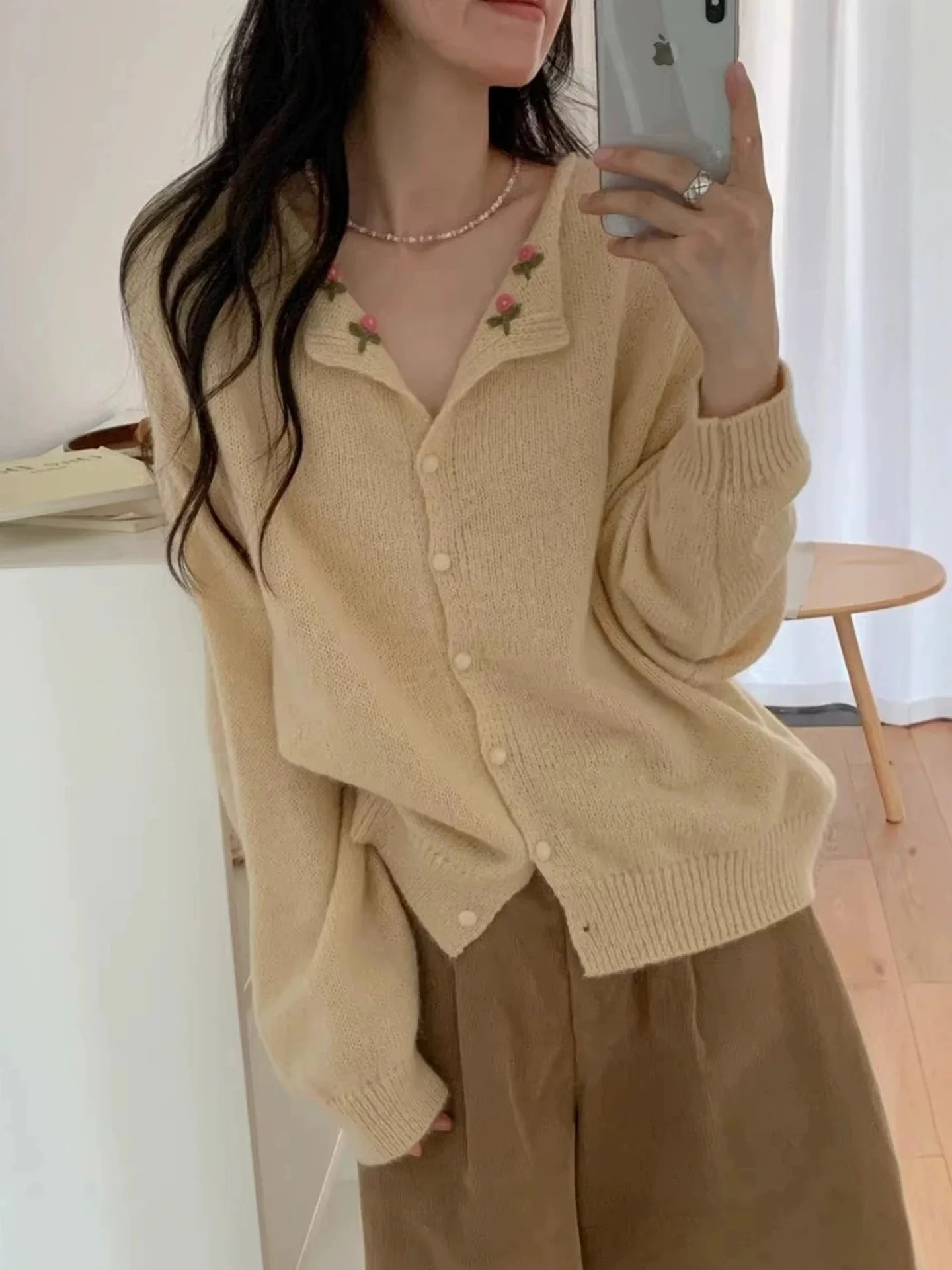 Dopne ing Yellow Flower Long Sve Knitted Open Cardigan Women's Early Autumn Aosphere Top Large Size Casual Wear