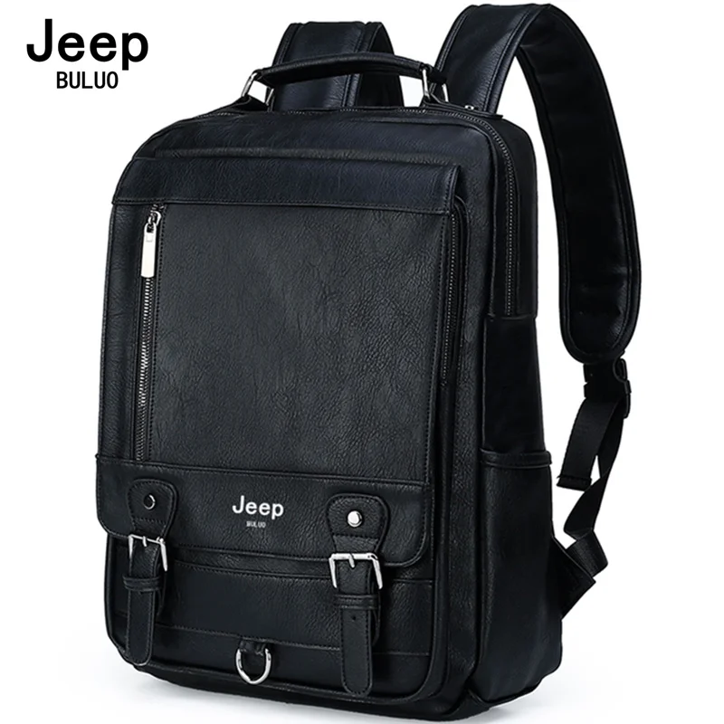 JEEP BULUO Leather Men Backpack Design Luxury Business Male 15.6