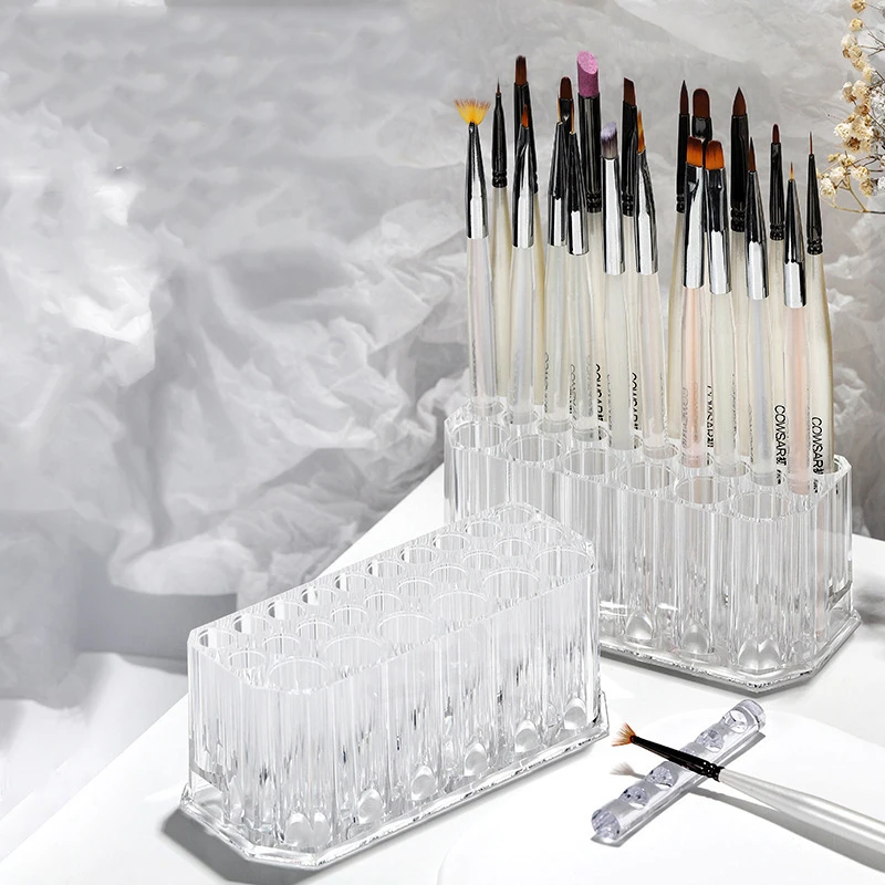 26 Holes Acrylic Nail Brushes Organizer Nail Art Storage Tool Makeup Cosmetics Pen Display Case Rack Holder Showing Shelf
