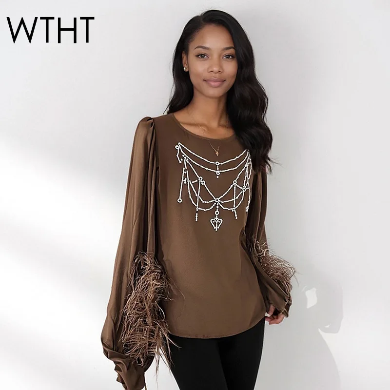 WTHT Fashion Women Diamonds Chain Loose Chiffon Shirt 2025 Autumn O-neck Spliced Feather Long Sleeve Blouse Female 1LS2668
