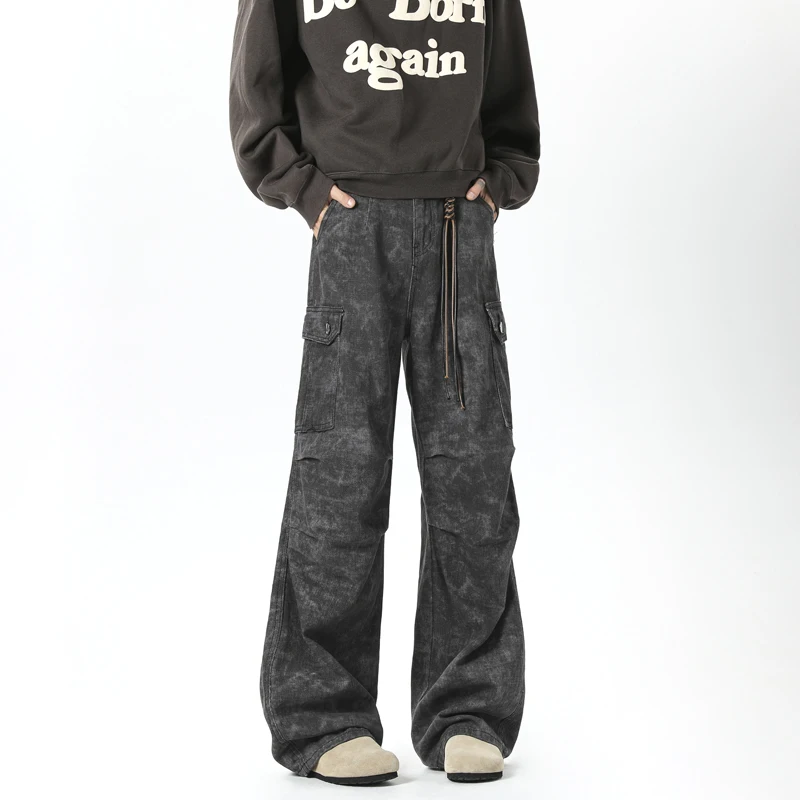 

Джинсы с мраморным узором Waed, мужские осенне-зимние модные американские повседневные брюки прямого кроя, прочные, износостойкие, свободного кроя