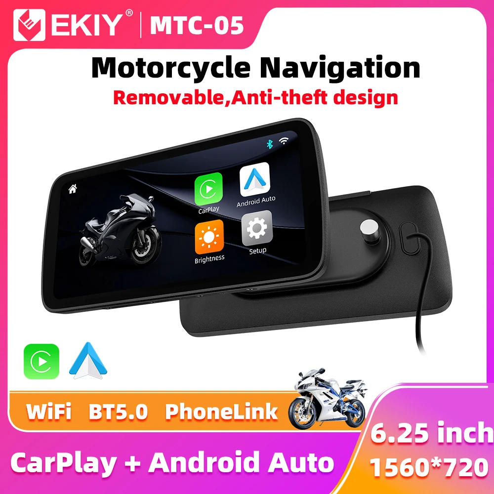 EKIY 6.25 inch Portable Digital Motorcycle Dashboard GPS Motorcycle Navigation Display Screen Wireless CarPlay Moto Android Auto