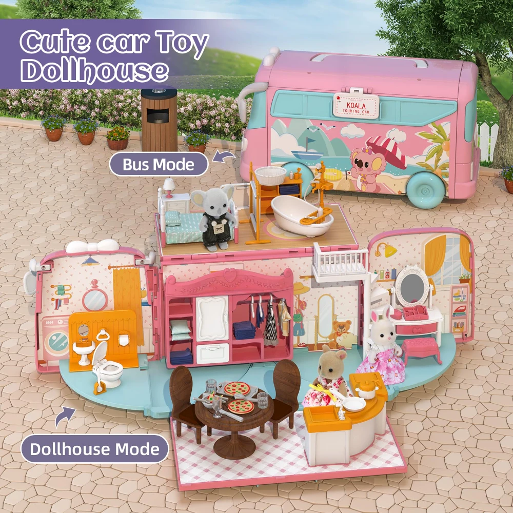 WizKidz Casa de bonecas Playset DIY fingir portátil caravana campista ônibus kit de brinquedo com bonecas de coelho mini casa de campo conjunto para crianças presente