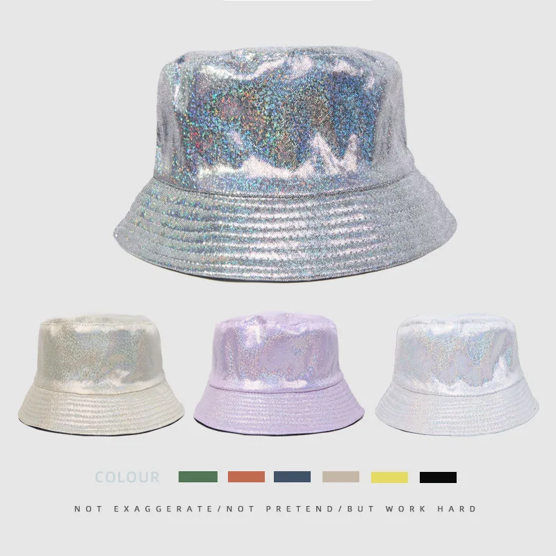 Laser PU Leather Bucket Hat, Reversible Two-Wear Foldable Design, Flat Top Sun Protection Fisherman Cap for Travel
