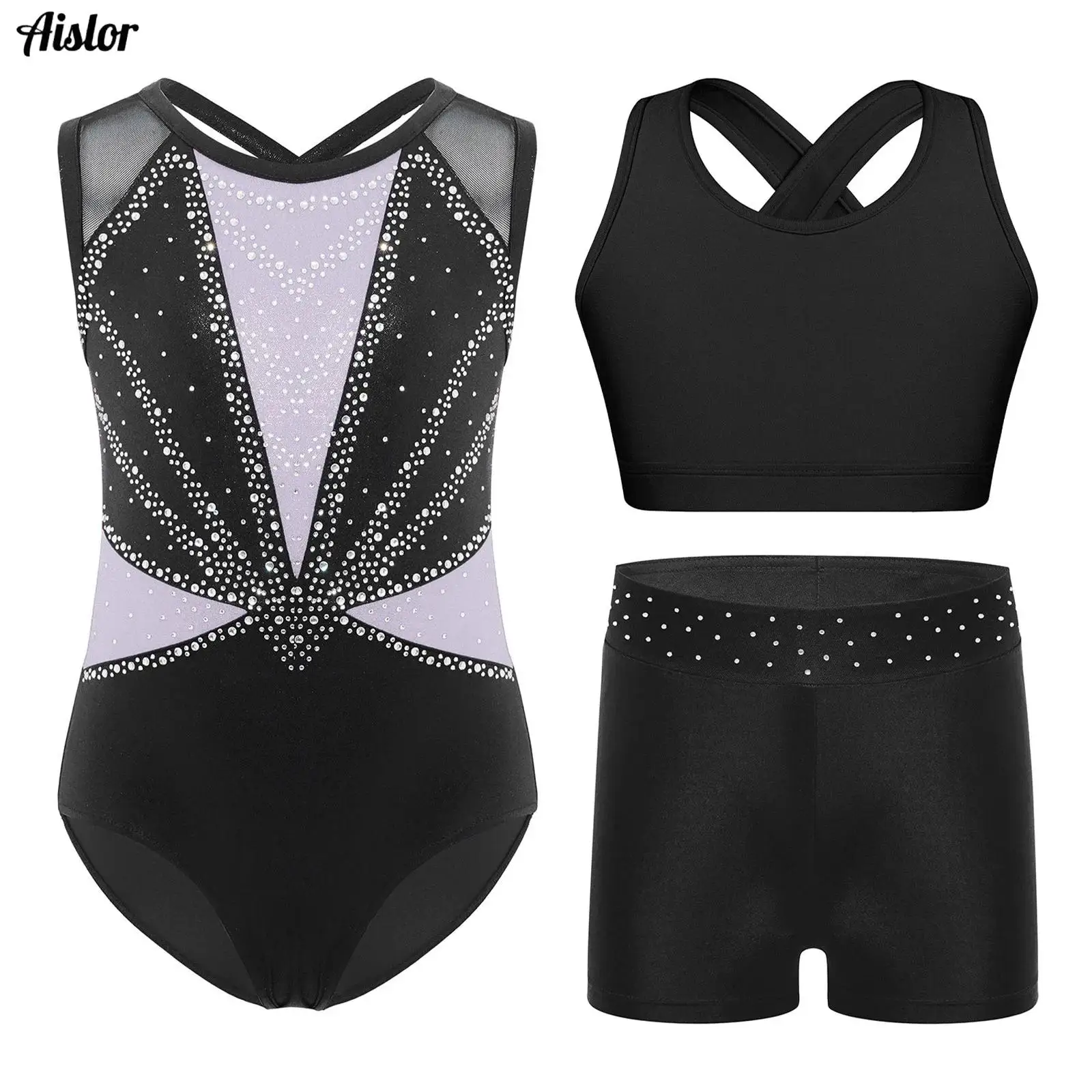 

3Pcs Kids Girls Rhythmic Gymnastics Leotard Sleeveless Crisscross Back Shiny Rhinestones Color Block Bodysuit+VestTop+Shorts Set