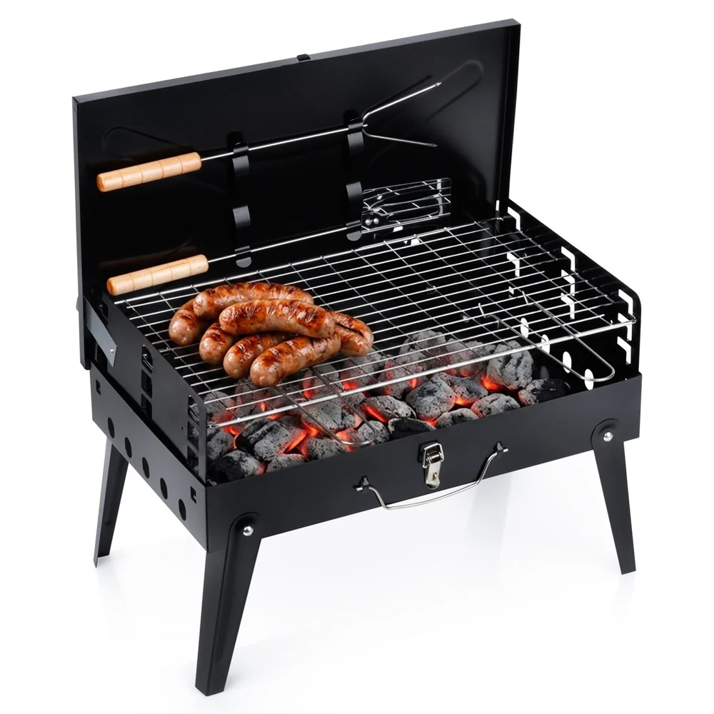Houtskoolgrill Opvouwbare Draagbare Koffer Met Gereedschap 43x26x29 cm Houtskool Wandelgrill Voor Tuin Terras Balkon Picknick Kamperen Compacte Grillset