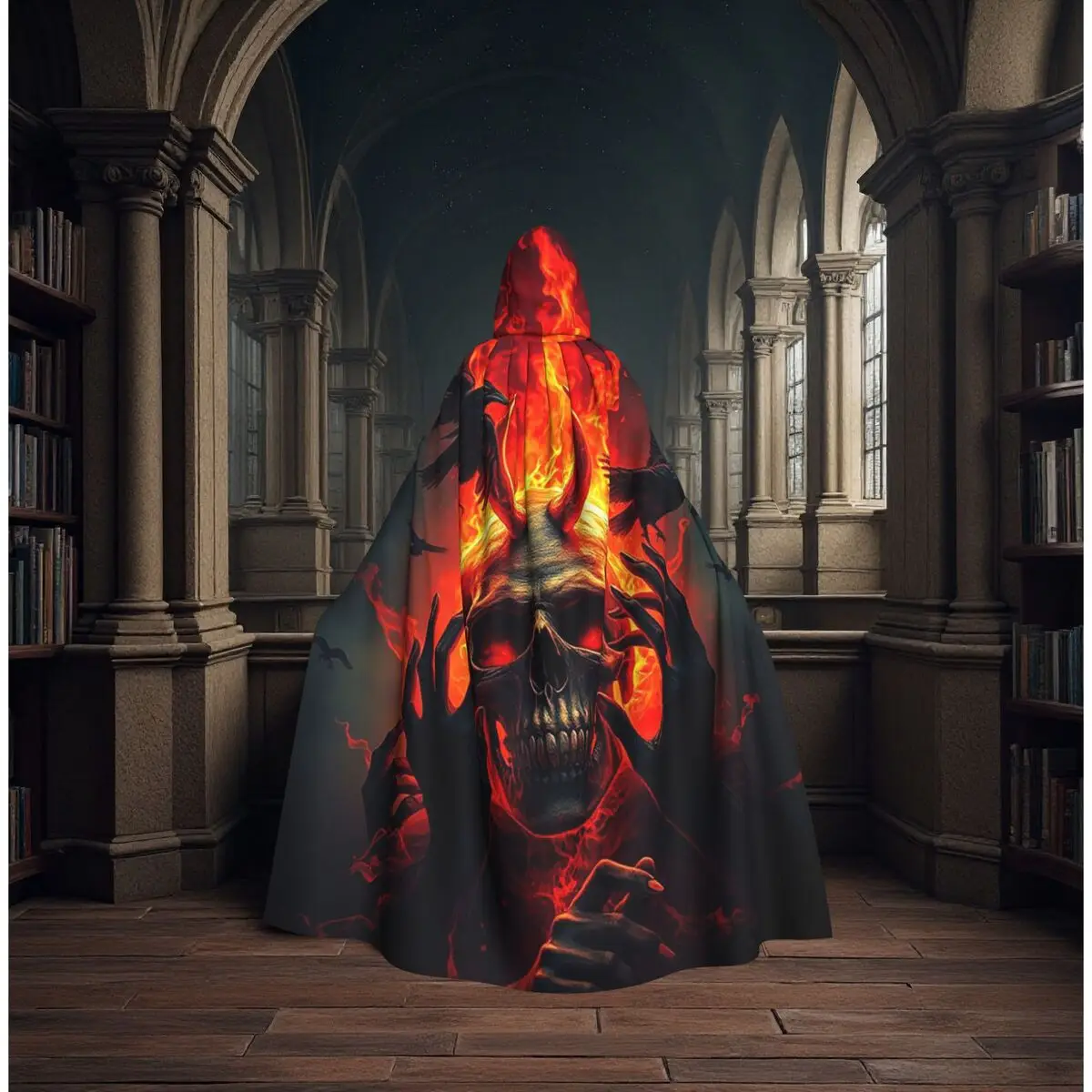 

Stark Imagery Of Skull Long Hooded Cloak Witch Medieval Costume Cosplay Cape HalloweenCoat Adult Unisex