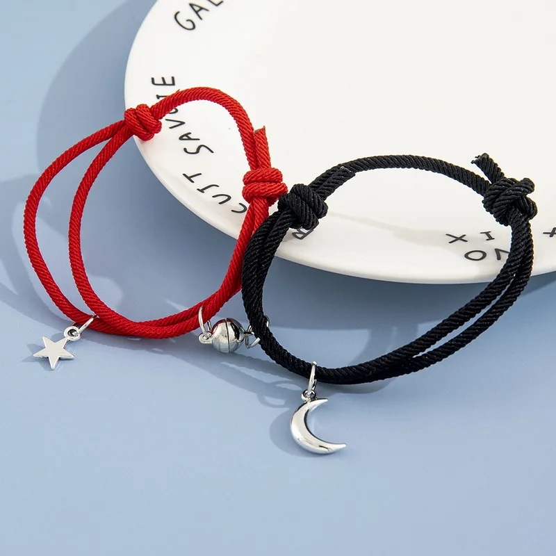 2Pcs Fashion Star Moon Magnetic Pendant Couple Bracelets for Women Handmade Rope Chain Bracelet Friendship Minimalist Jewelry