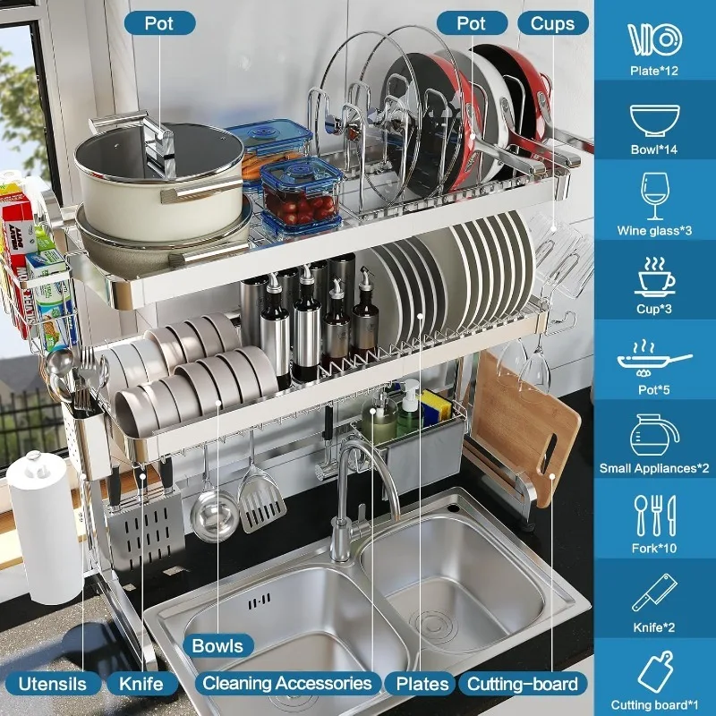 Over The Sink Dish Drying Rack ), Sink Drying Rack with Pots and Pans Rack (Silver)