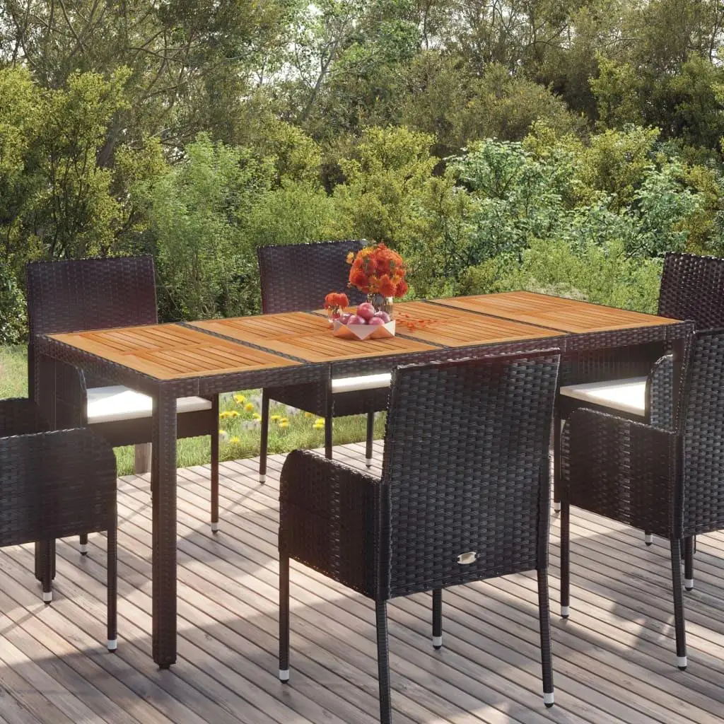 

Elegant Black Patio Table with Wooden Top - 74.8x35.4x29.5 Poly Rattan Outdoor Furniture