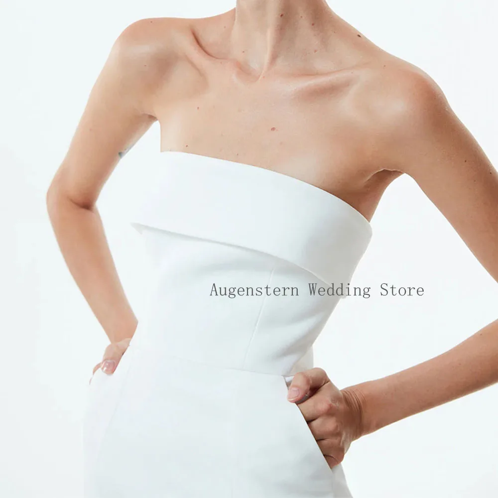 Customized Simple Wedding Dress Column Strapless Tea Length Column Wedding Gown for Bride Sleeveless Pockets Midi Bridal Dresses