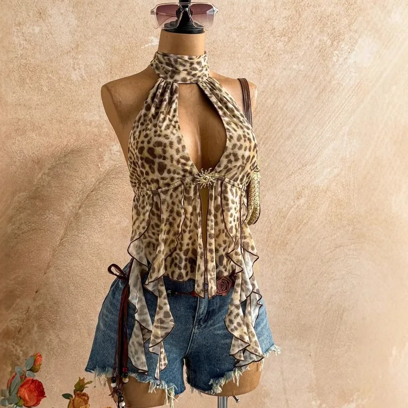 Summer A New Instagram Foreign Trade Leopard Print Slimming and Sexy Halter with An Irregular Backless Mesh Vest Top for Women