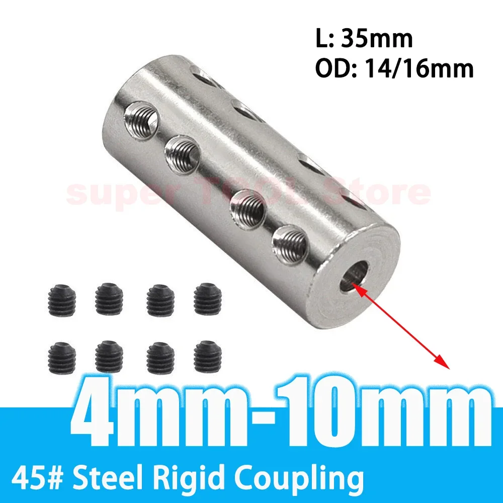 1Pc 45# Steel Reducing Rigid Coupling Set Screw Lengthen Type High Torque Motor Shaft Connector L35mm Bore 4mm-10mm