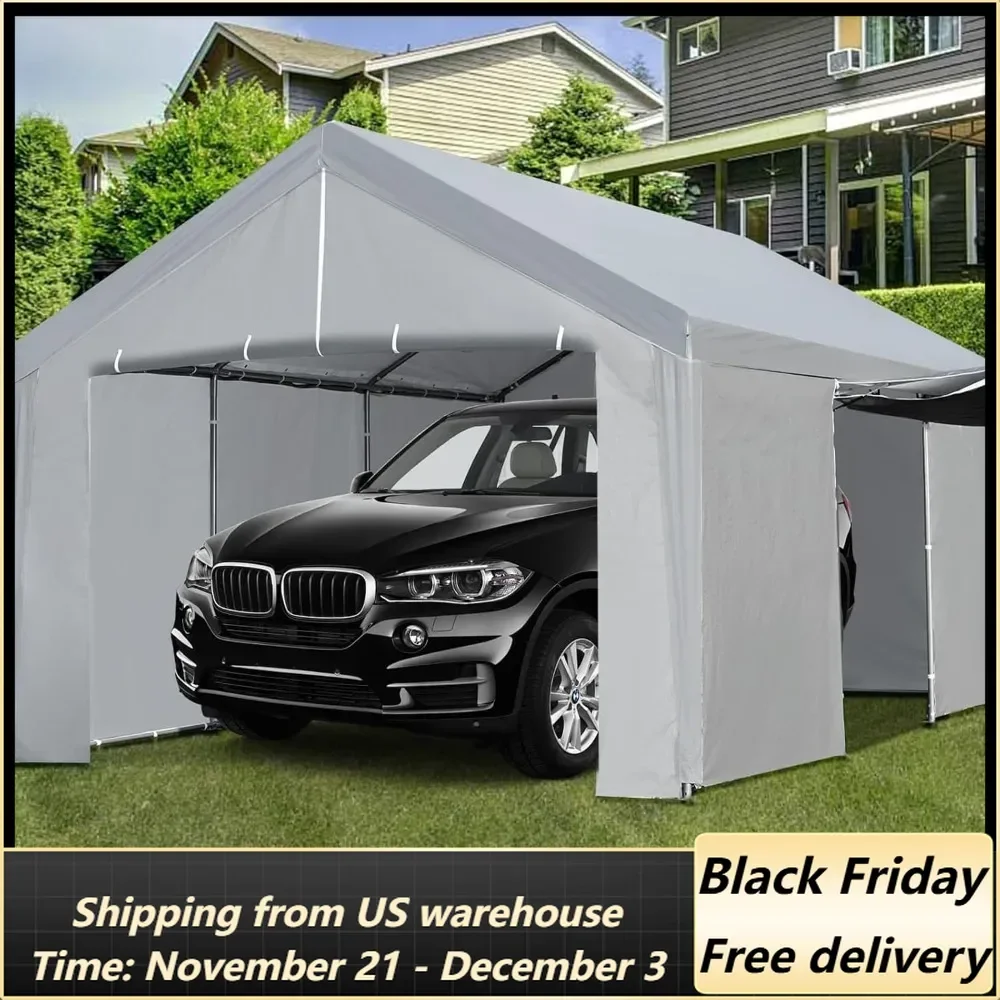 10'x 20' Carport Heavy Duty Carport Canopy with Semi-Auto Ventilated Windows & Roll-up Door w/Zipper