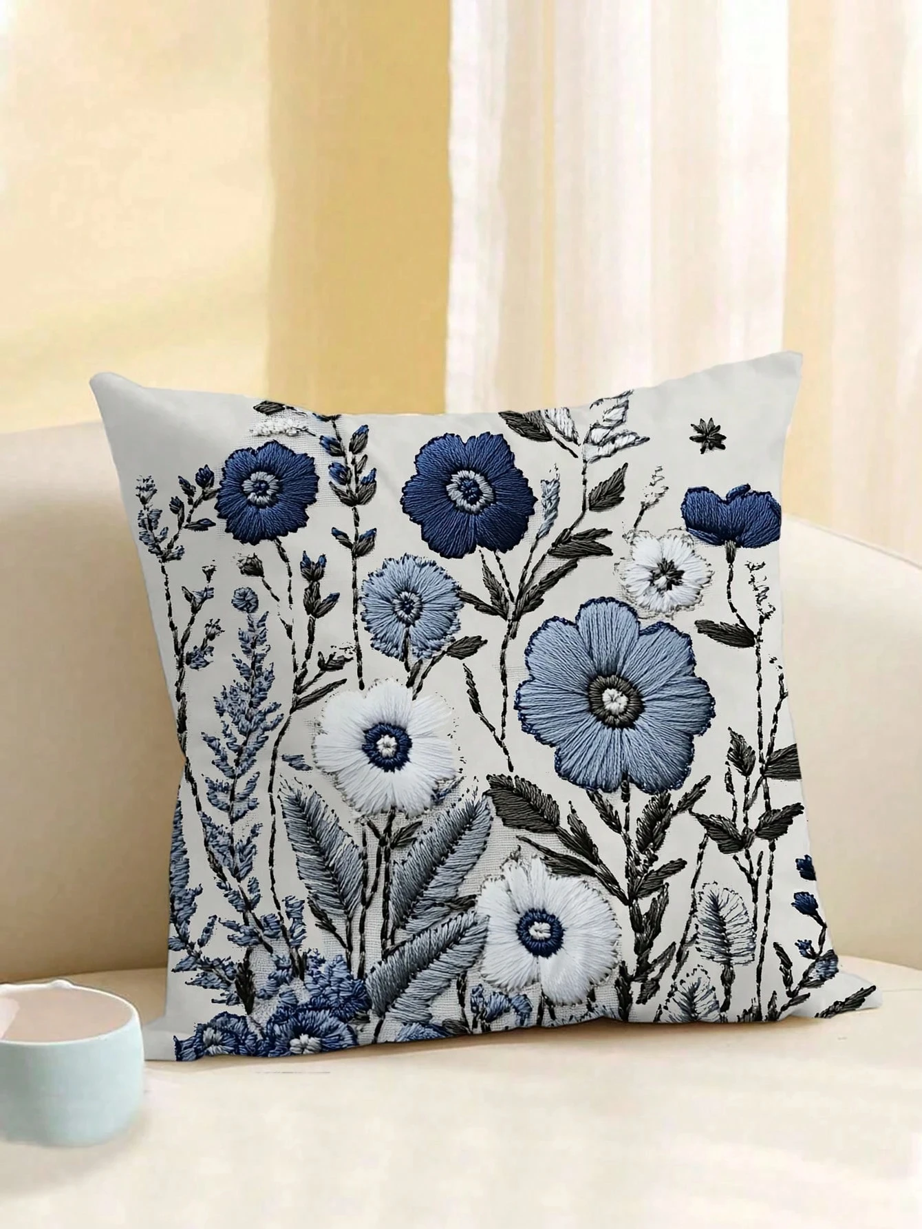1pc Vintage Blue Floral Pillow Cover, Polyester 2D Double-Sided Print, Effect Wildflower Design, Farmhouse Home Accent
